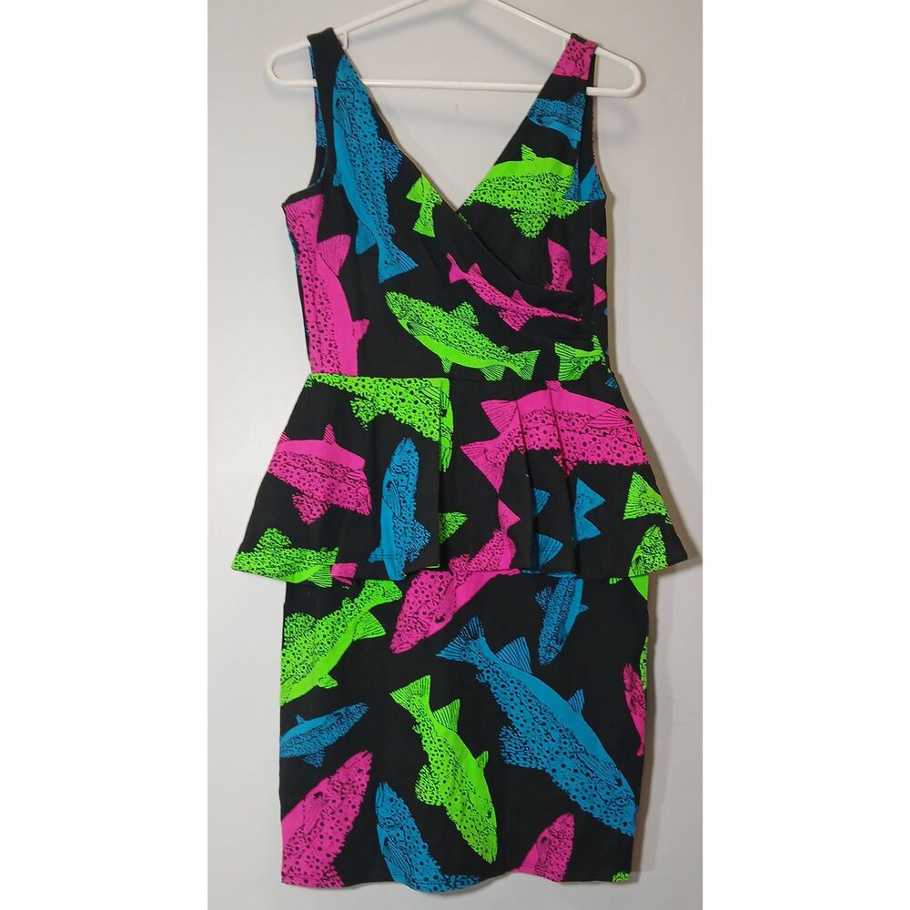 90's vintage betsy Johnson trout fish dress neon green pink stretch - Picture 7 of 10